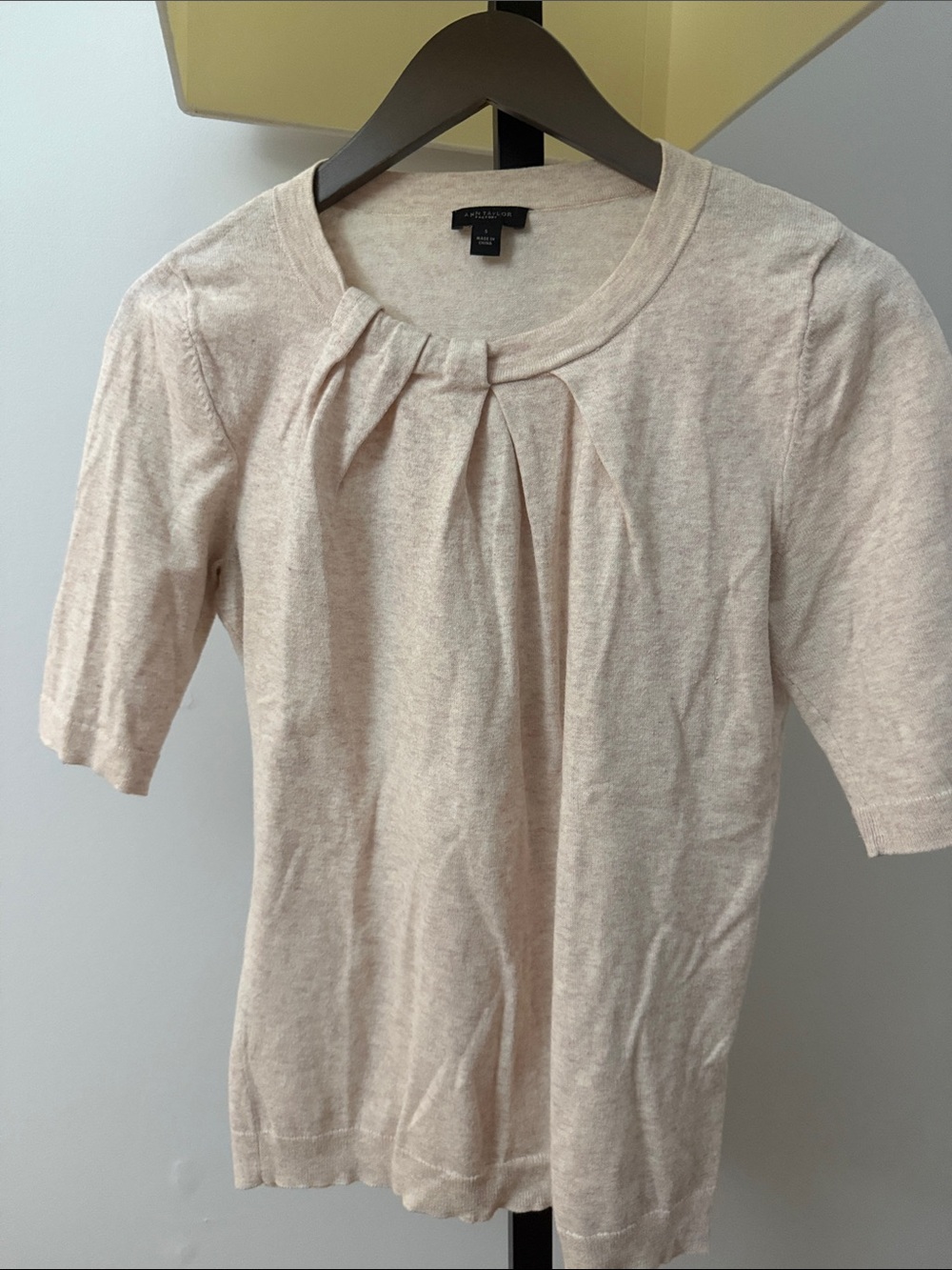 Ann Taylor Petite Pleated Neck Short Sleeve Top - Light Beige